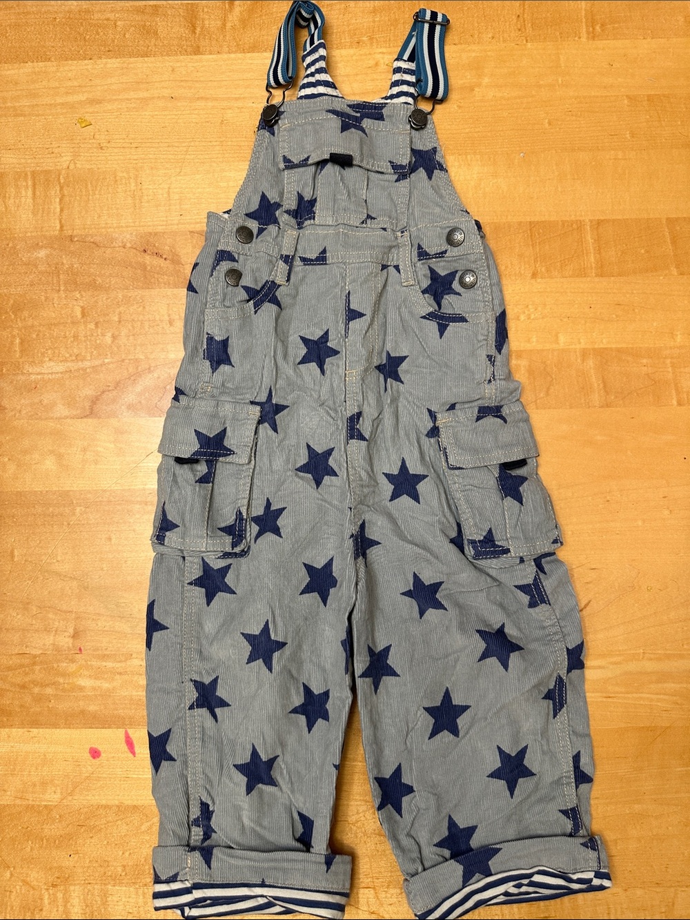 Baby Boden Navy Star Print Stripe-Trim Overalls